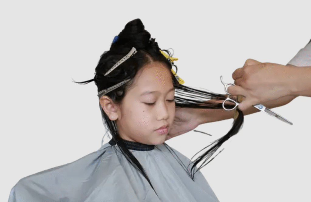 Asian Girl Haircut with Straight Black Hair Sectioned Asian girl with straight black hair getting a haircut, hair sectioned neatly by a kids’ stylist at The Great Bear Cut in Pasadena